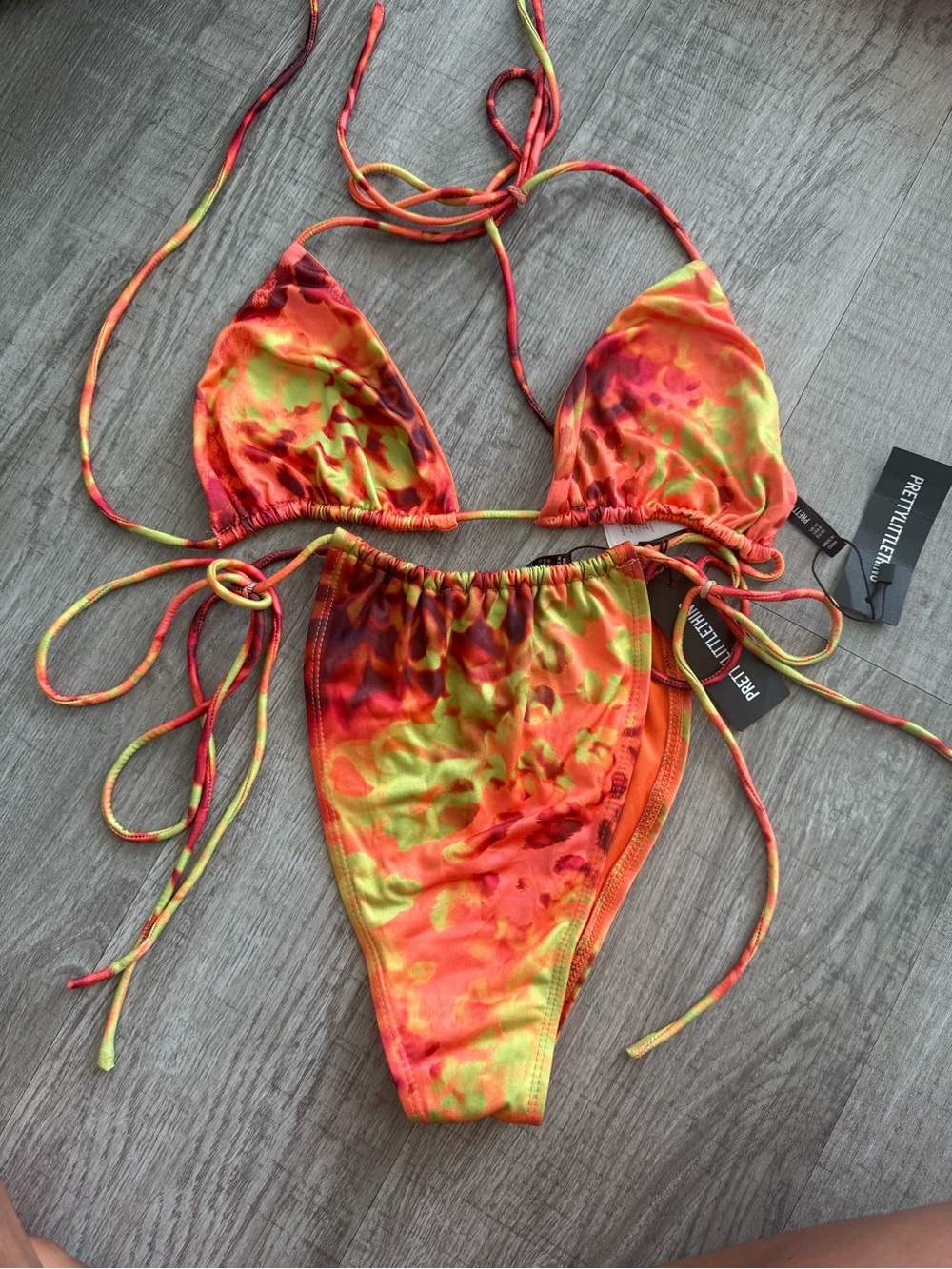 PrettyLittleThing Neon Orange & Lime Tie-Dye Triangle Bikini